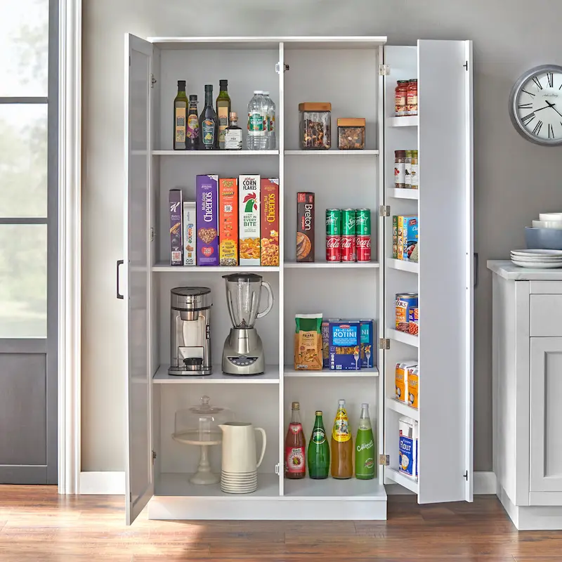 Tall Pantry Cabinet, Double-Door, Modern Farmhouse Style – Charcoal Grey / Walnut / White