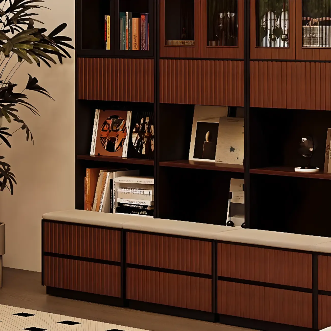 Tall French Country Display Wooden Bookcase with Cushioned Bench