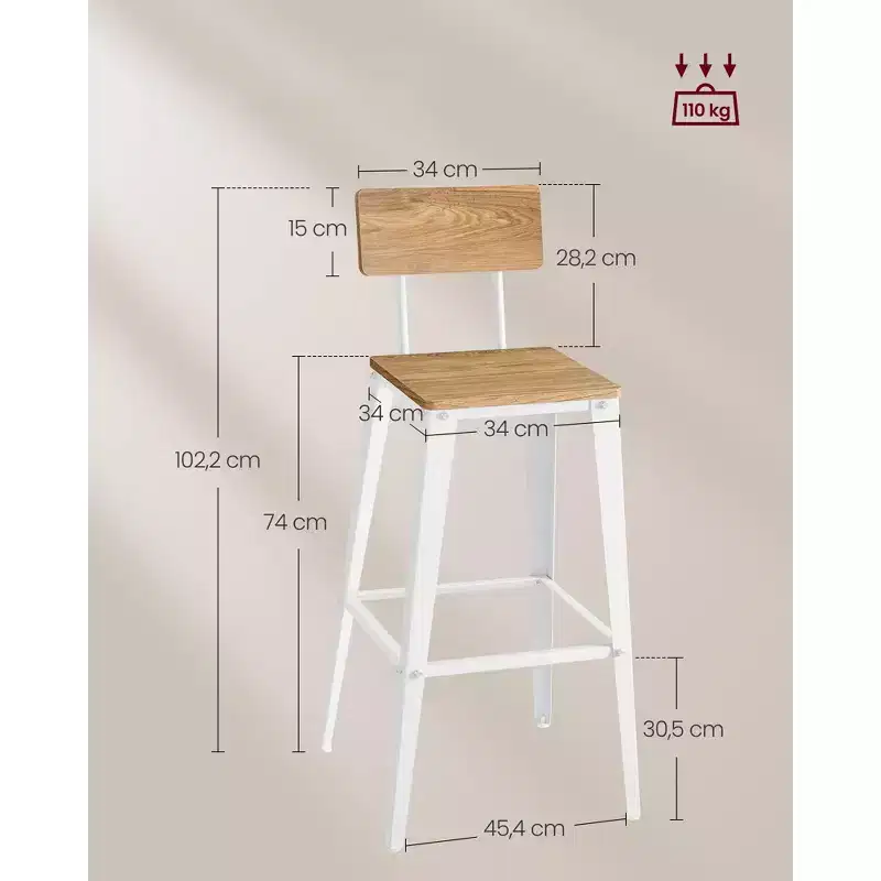 VASAGLE Set of 2 Bar Stools, Bar Height Stools, Tall Bar Stools with Back, Bar Chairs, Steel Frame, Industrial Style
