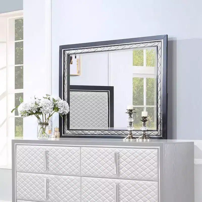 Acme Furniture Nicola Dresser Mirror Silver Synthetic Leather/Black Finish