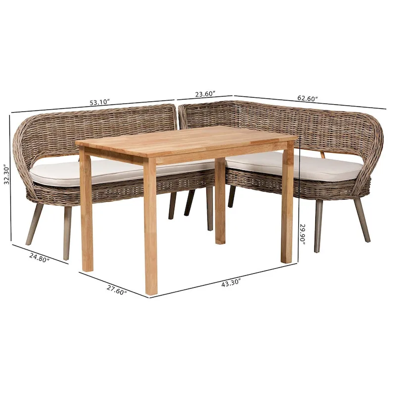 Raisa Modern Bohemian Natural Kubu Rattan Bench and Wood Table Dining Nook Set