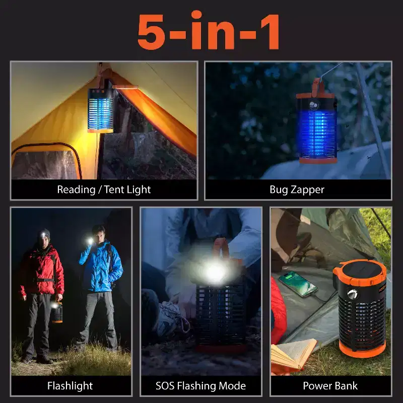 FosPower 5 in 1 Electric Bug Zapper Outdoor, Bug Zapper Indoor, Solar Mosquito Zapper for Insect Fruit Fly Killer,Rechargeable Power Bank Flashlight