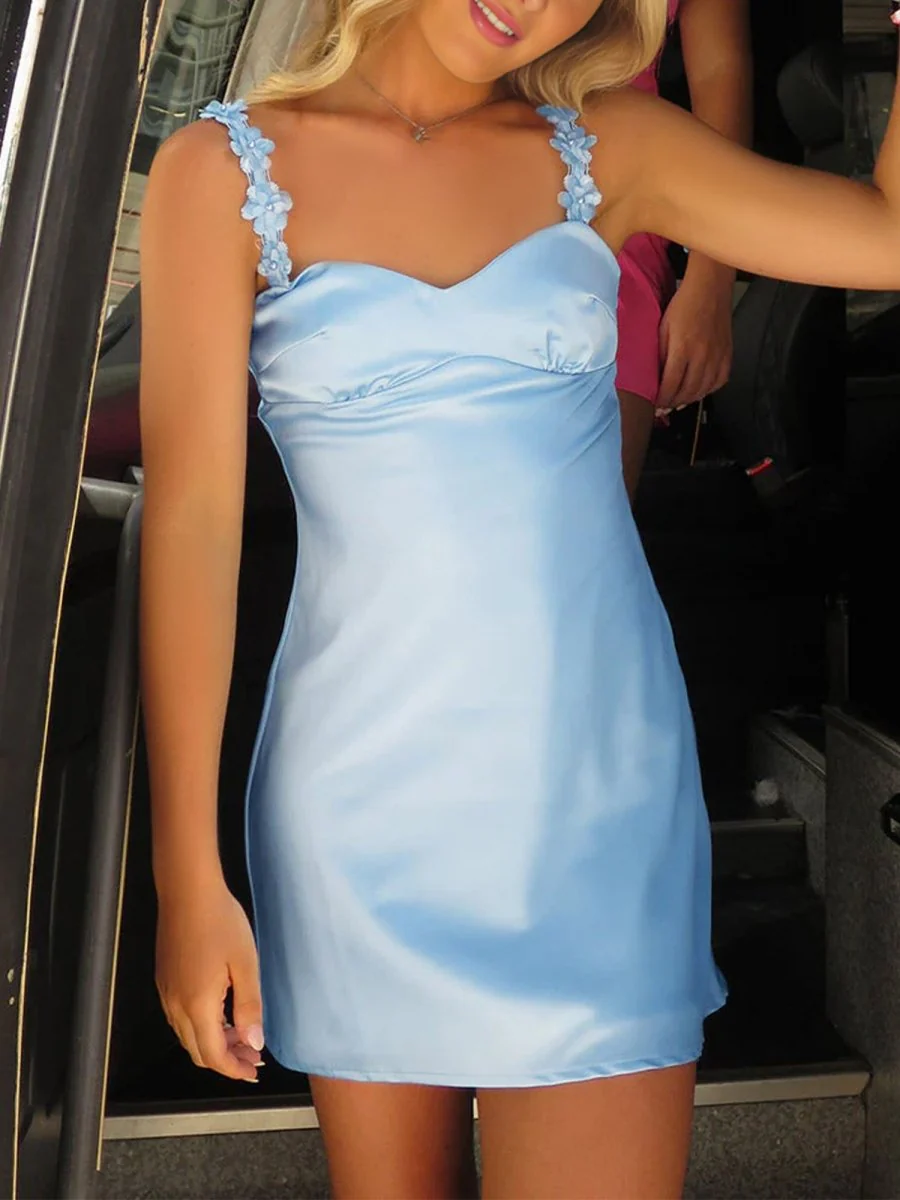 Sky Blue - Sheath Satin V Neck Short Homecoming Dresses with Flower Straps