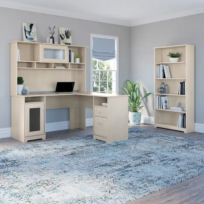 Cabot 60W L-Desk with Hutch and 5 Shelf Bookcase by Bush Furniture