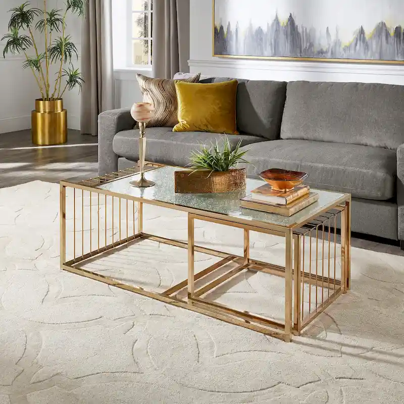 Astor Champagne Gold Finish Textured Mirror Top Nesting Coffee Table by iNSPIRE Q Bold
