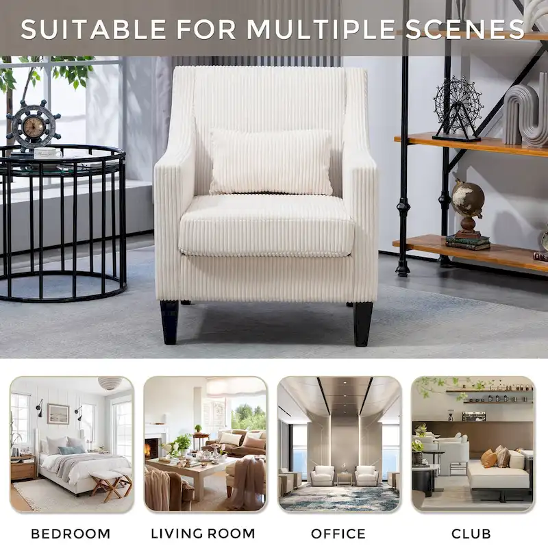 Beige Upholstered Accent Arm Chair with Scooped Arms and Rubber Wood Legs