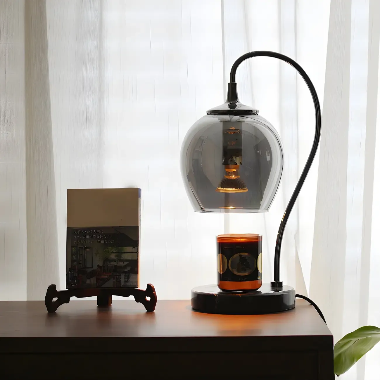 Modern Black Metal Glass Globe Table Lamp with Cup Holder Base