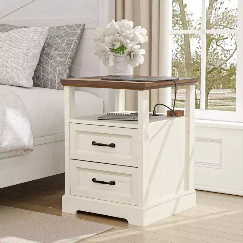 Hommpa Modern Rustic Bedside Table Nightstand with Charging Station, 2 Drawers & Open Shelf