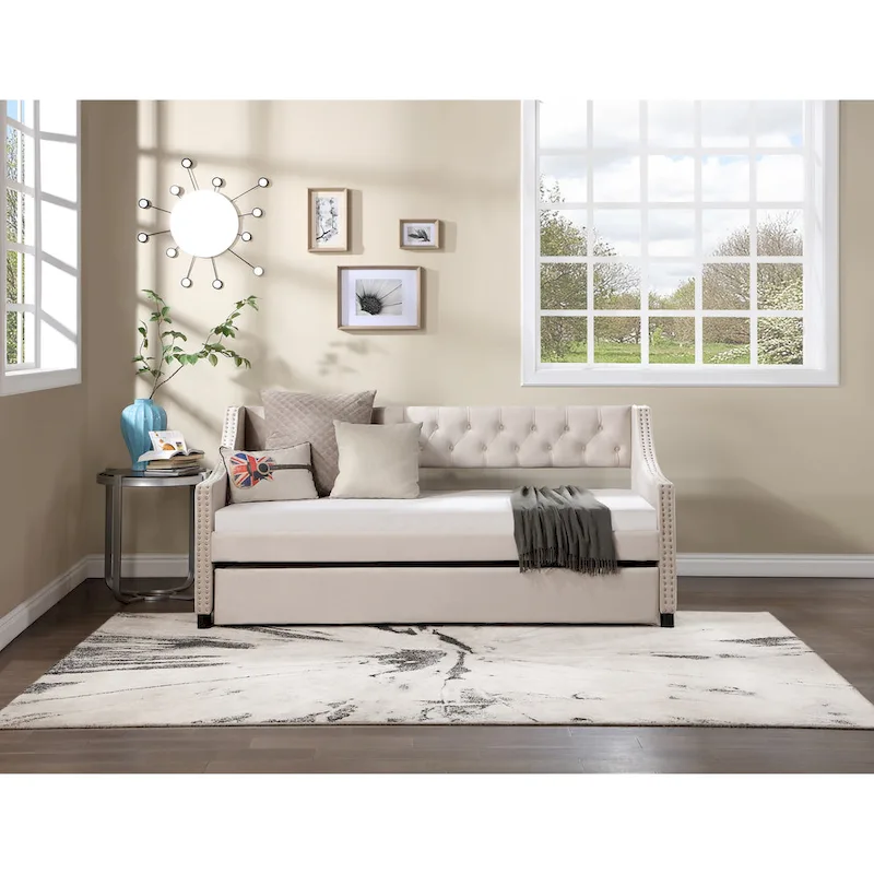 Upholstered Velvet Tufting Sleeper Sofa Chesterfield Daybed with Trundle