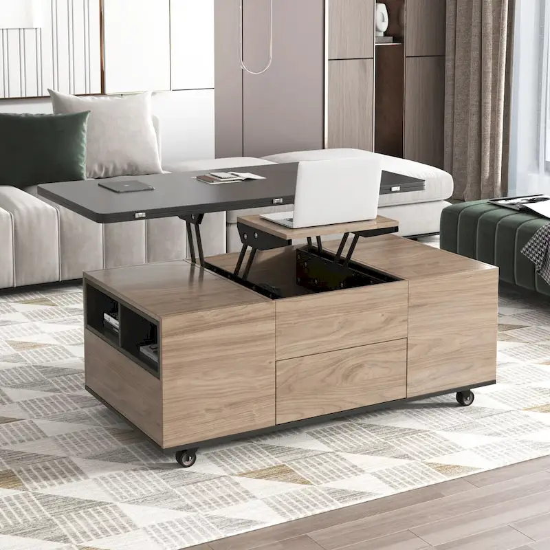 Modern Walnut & White Lift Top Coffee Table Multifunctional Table with Drawers & Shelves