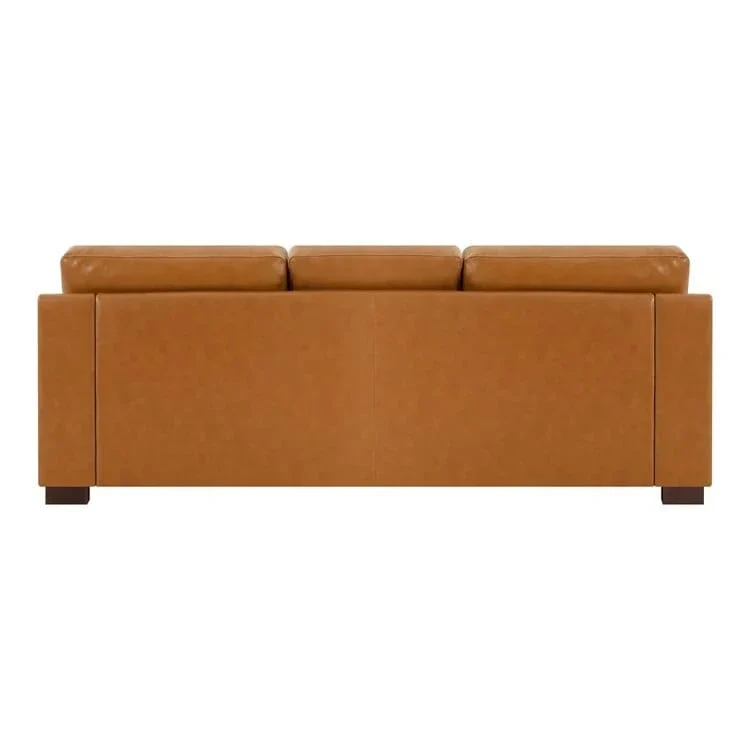 Modern Genuine Leather Sofa with Wooden Legs & Additional Bolster Pillow