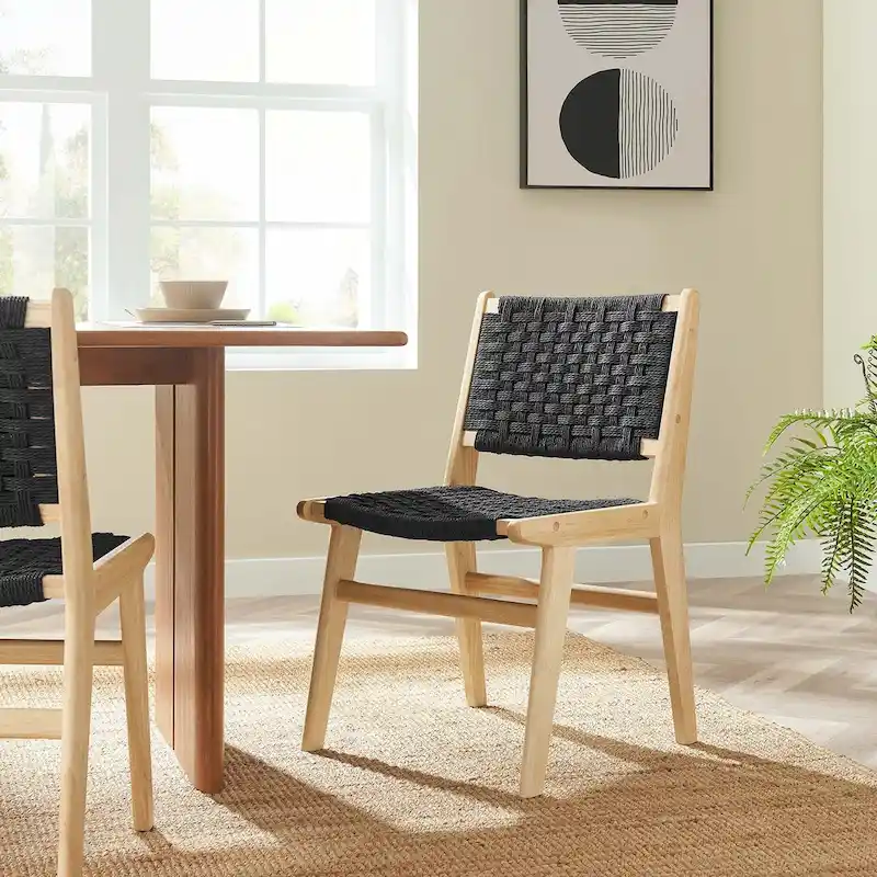 Dining Side Chair with Woven Rope Seat and Wood Frame, Set of 2