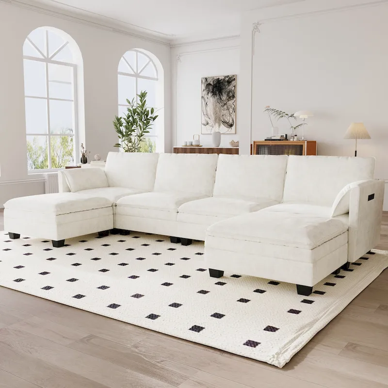 Christopher Knight Home - Noah 141.5  U-Shaped 6-Seater Sofa Couch with Movable Ottoman and Armrest Pockets, Fabric Upholstery