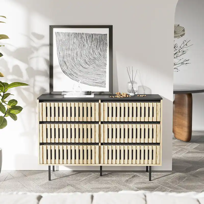 Natural MDF & Metal Frame 6-Drawer Storage Cabinet with Vertical Stripe Design & Black Accents