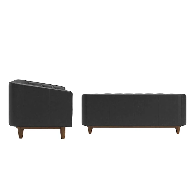 Tartu Dark Oak Finish Black All Leather Button Tufted Loveseat - Sofa