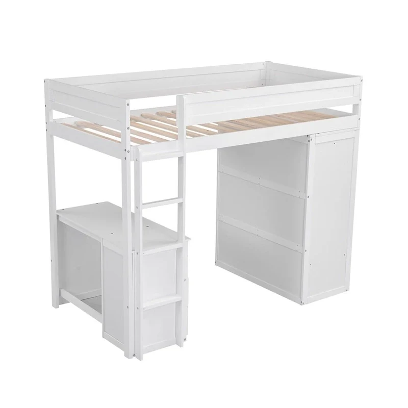 Grey/White Loft Bed with Wardrobe, Desk & Cabinet – Twin/Full, 1-Person