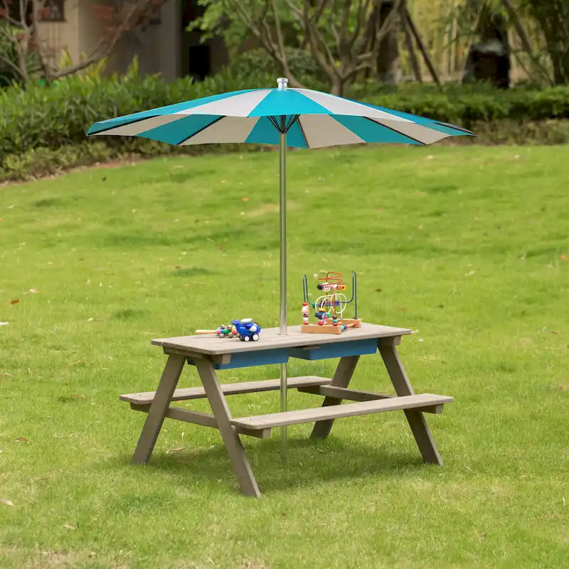 Picnic Play Table, Sandbox Table with Umbrella Hole and 2 Play Boxes.