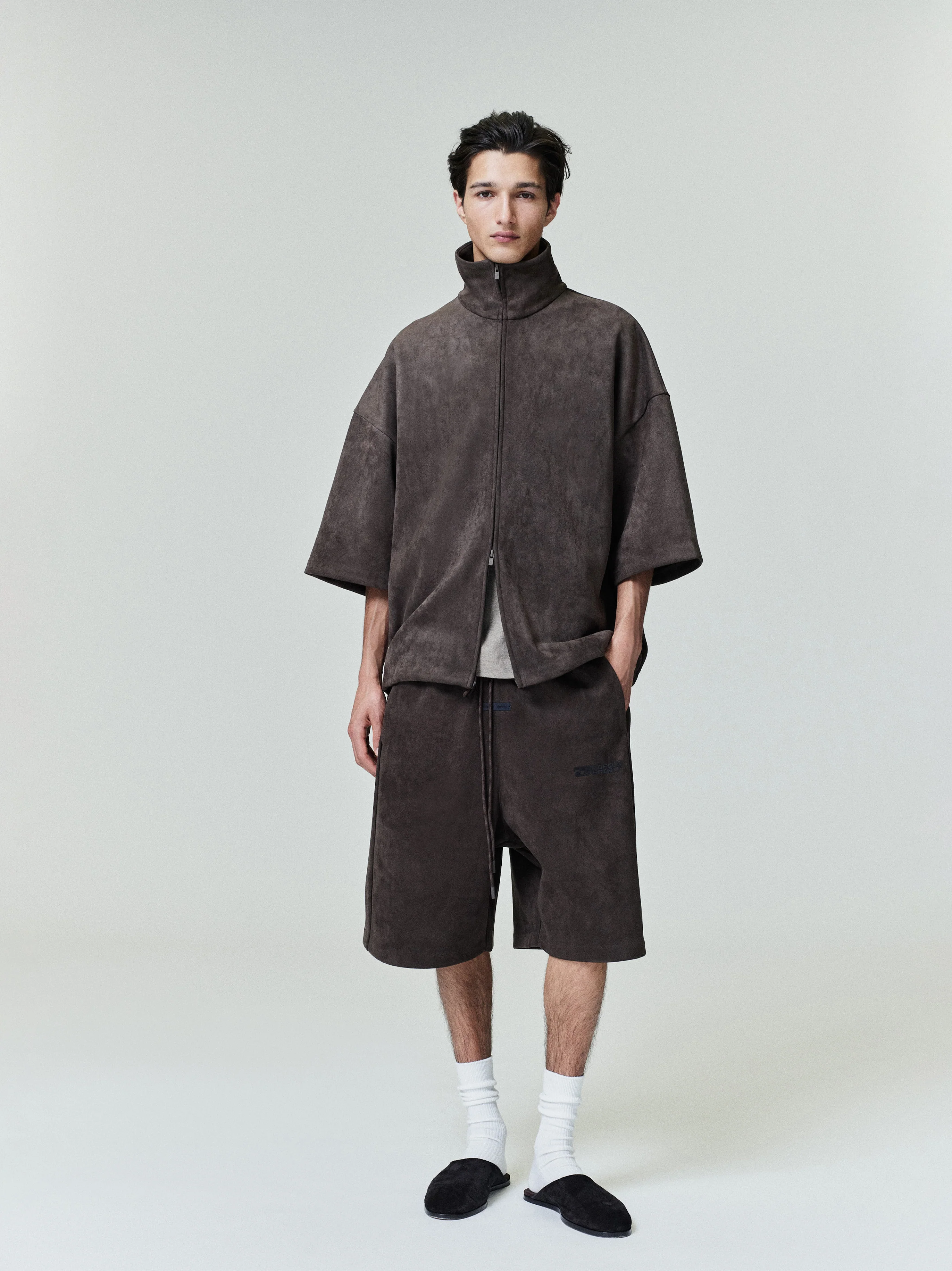 Suede Fleece High Neck 3/4 Sleeve Jacket
