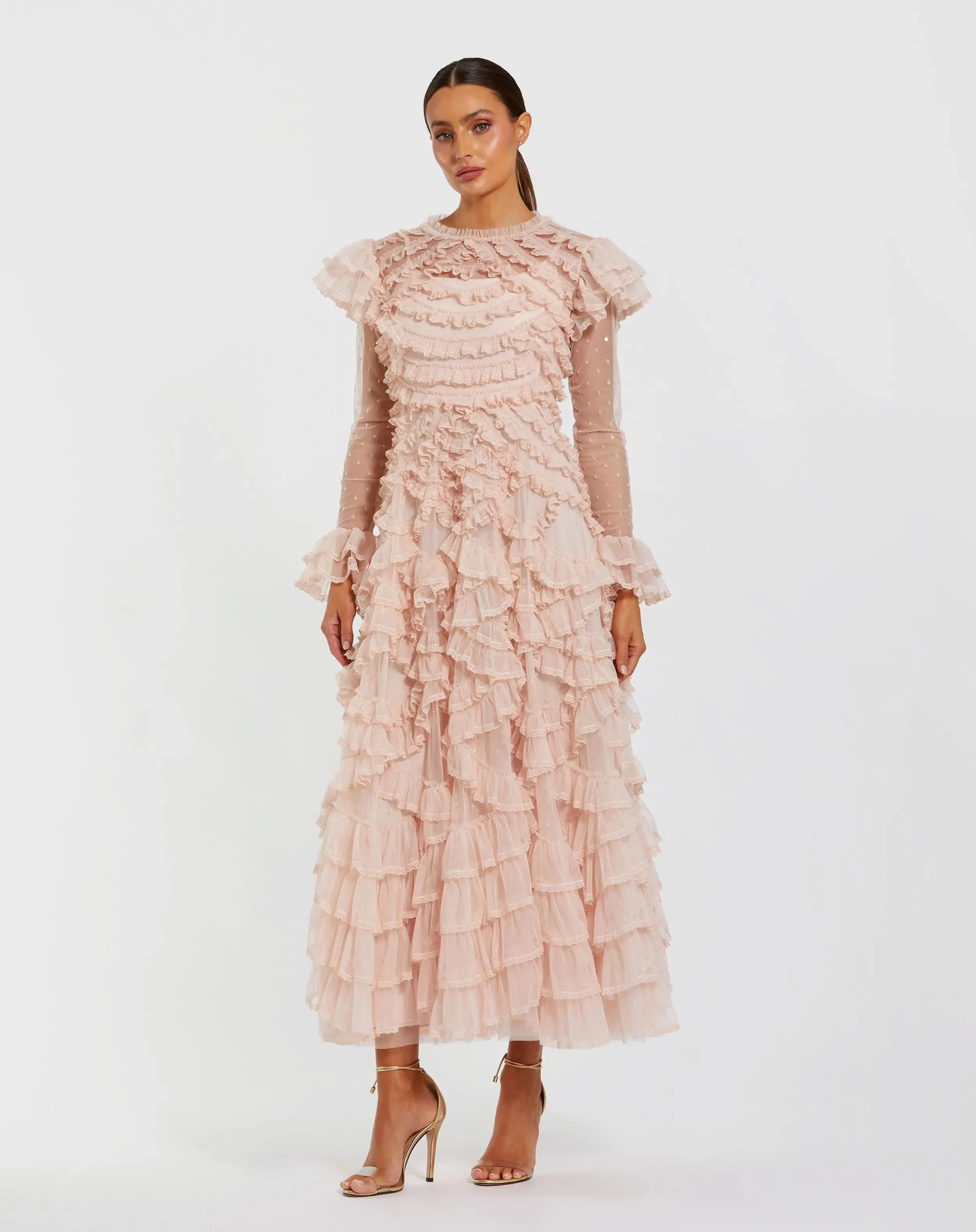Pink Tiered Ruffle Trim Long Sleeve Midi Dress