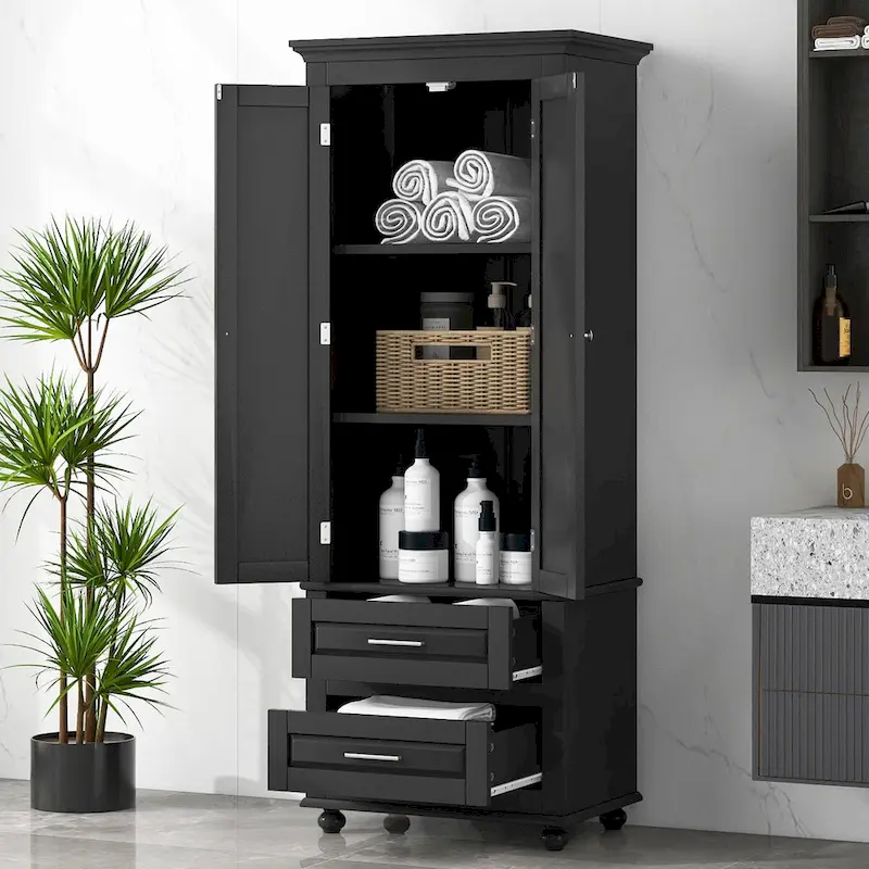 Black Wood Finish Tall Storage Cabinet with 2 Drawers, Single-User