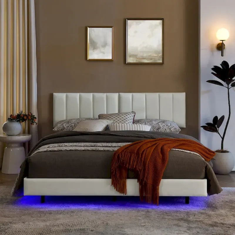 Floating Bed Frame With Led Lights And Wall Mounted Headboard