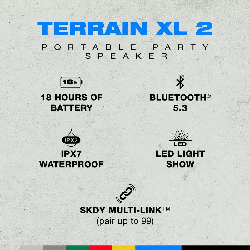 Skullcandy Terrain XL 2 Wireless Bluetooth Speaker, IPX7 Water Resistant, 18H Battery, Multi-Link, LED Light Show, Portable, Tan