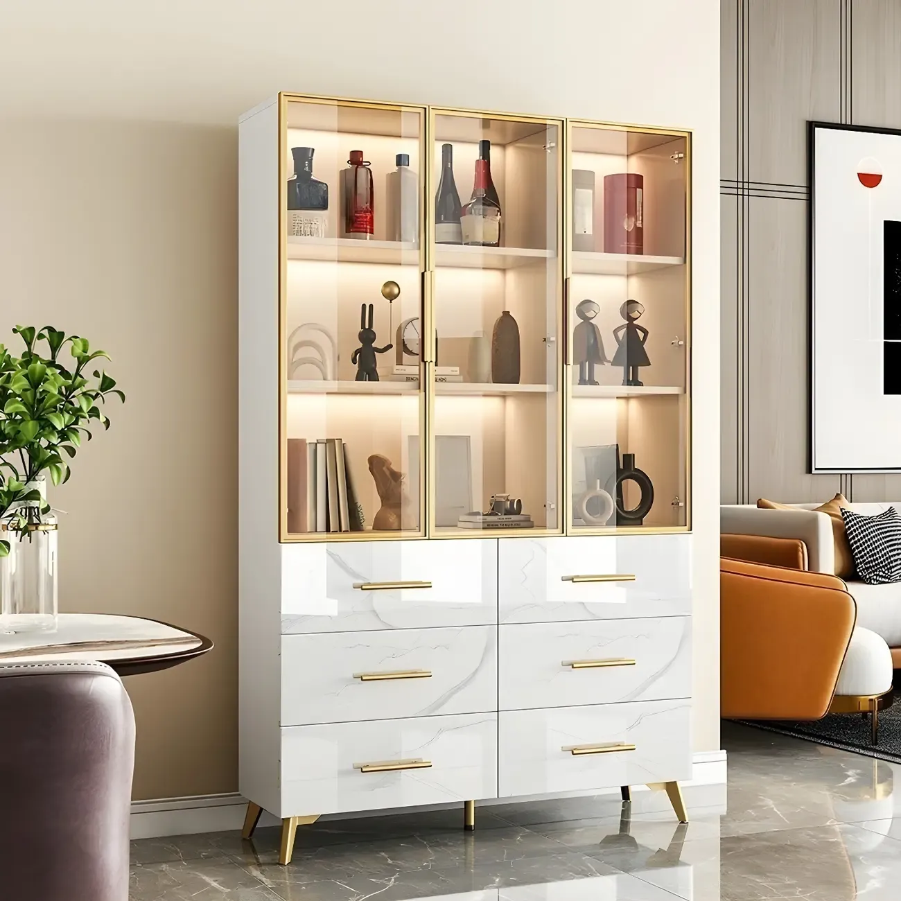 Modern Marble-Textured Wood Glass Display Storage Cabinet