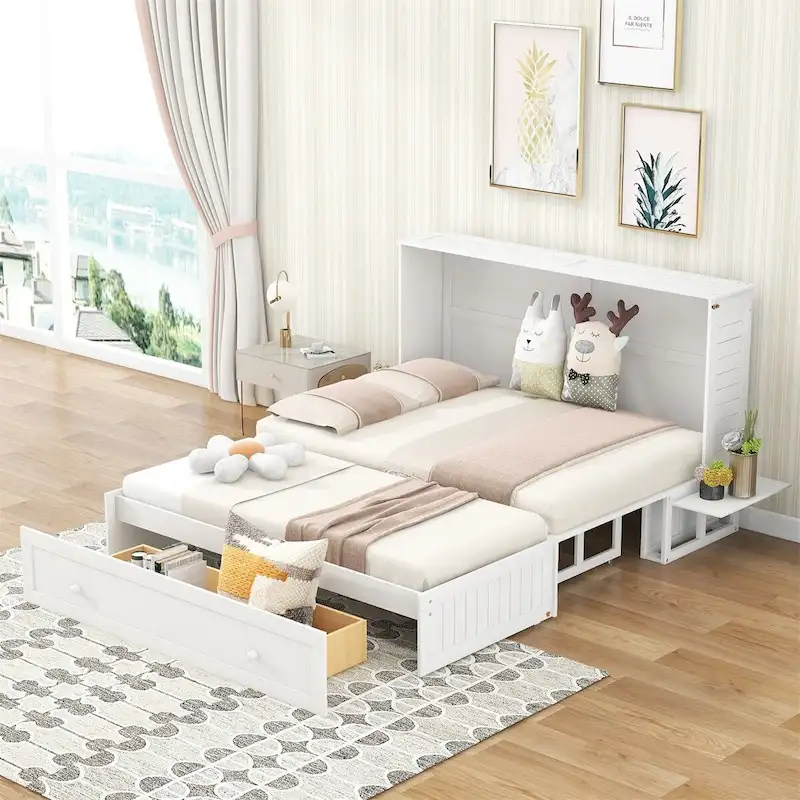 White Queen Wall Murphy Bed with Drawer & Side Shelves, 1-Person