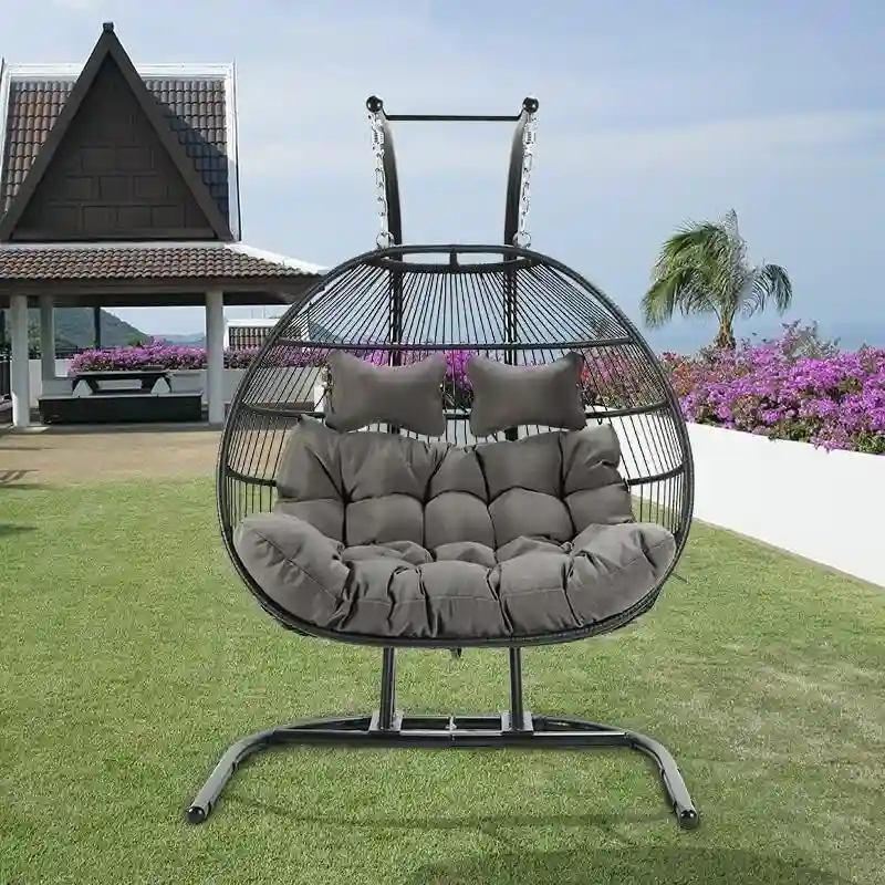 Double-Seat Folding Hanging Swing Chair with Stand & Cushion