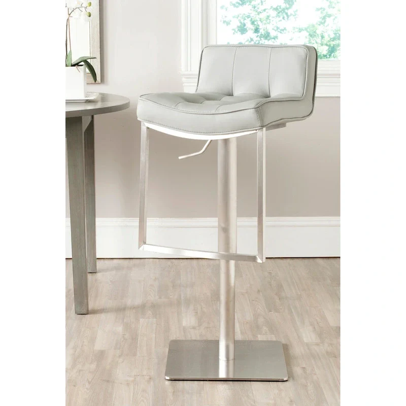 Grey / White Contemporary Adjustable Swivel Bar Stool with Quilted PU Leather & Stainless Steel Frame, 24.8-34.2 Inch, 1-Person