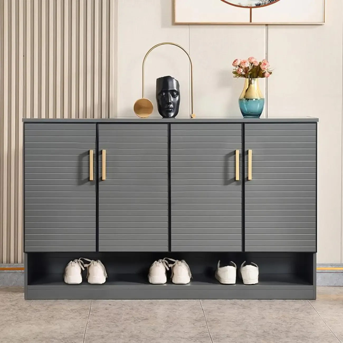 Metal Grey Shoe Cabinet with Open Bottom Shelf