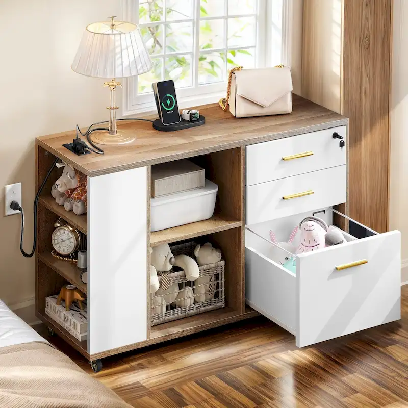 Brown Mobile Wood Lateral File Cabinet with Charging Station & Lock