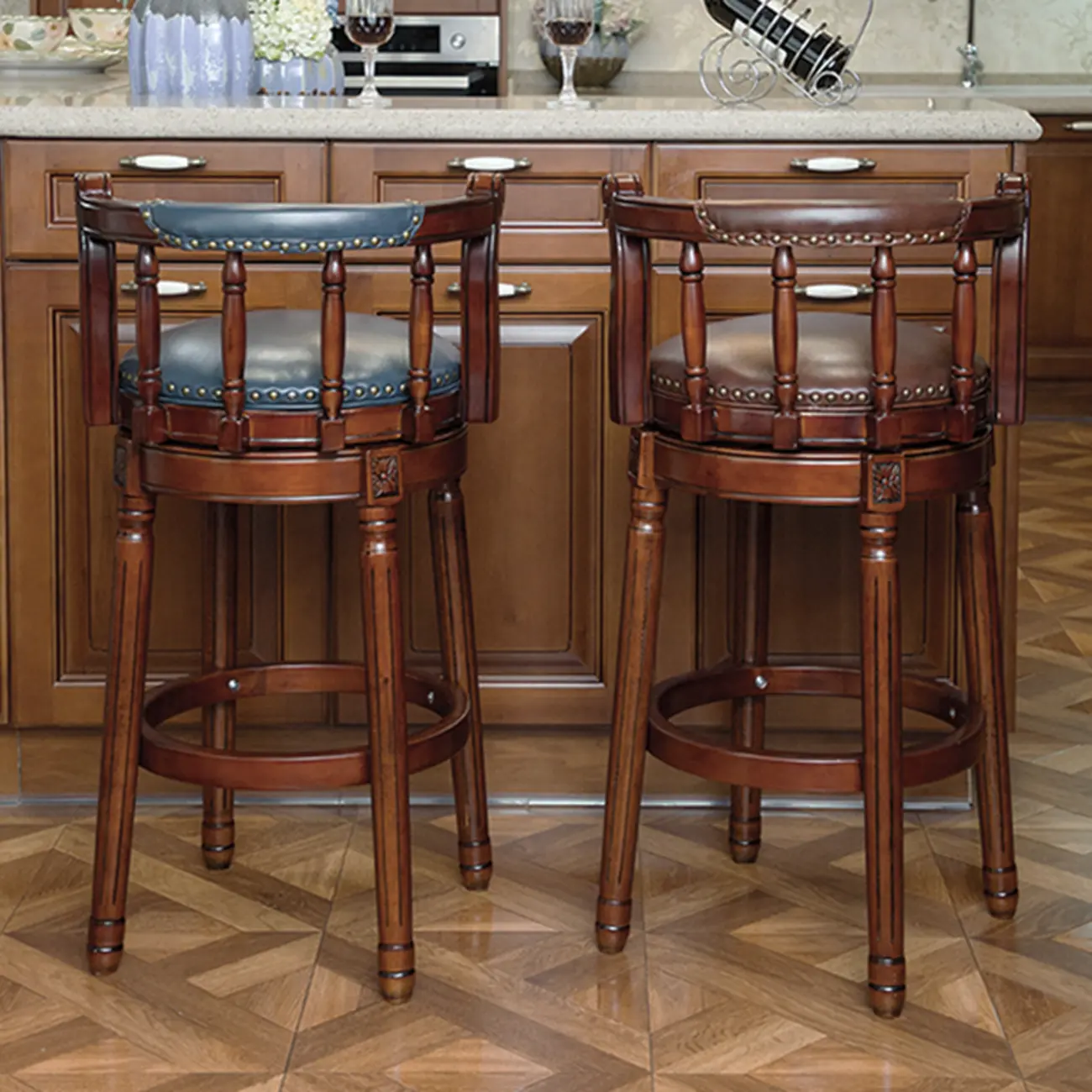 Swivel Counter Height Bar Stools in Genuine Leather & Walnut Solid Wood