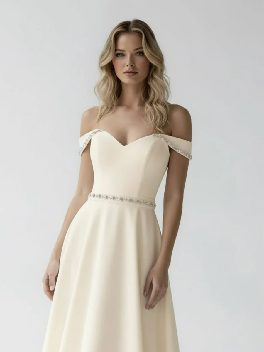 A-Line Off the Shoulder Beaded Wedding Dress
