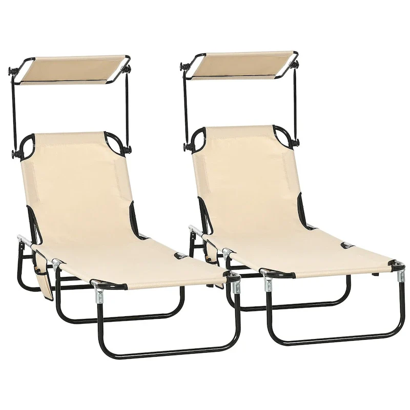 Folding Chaise Lounge Pool Chairs, Outdoor Sun Tanning Chairs with Canopy Shade