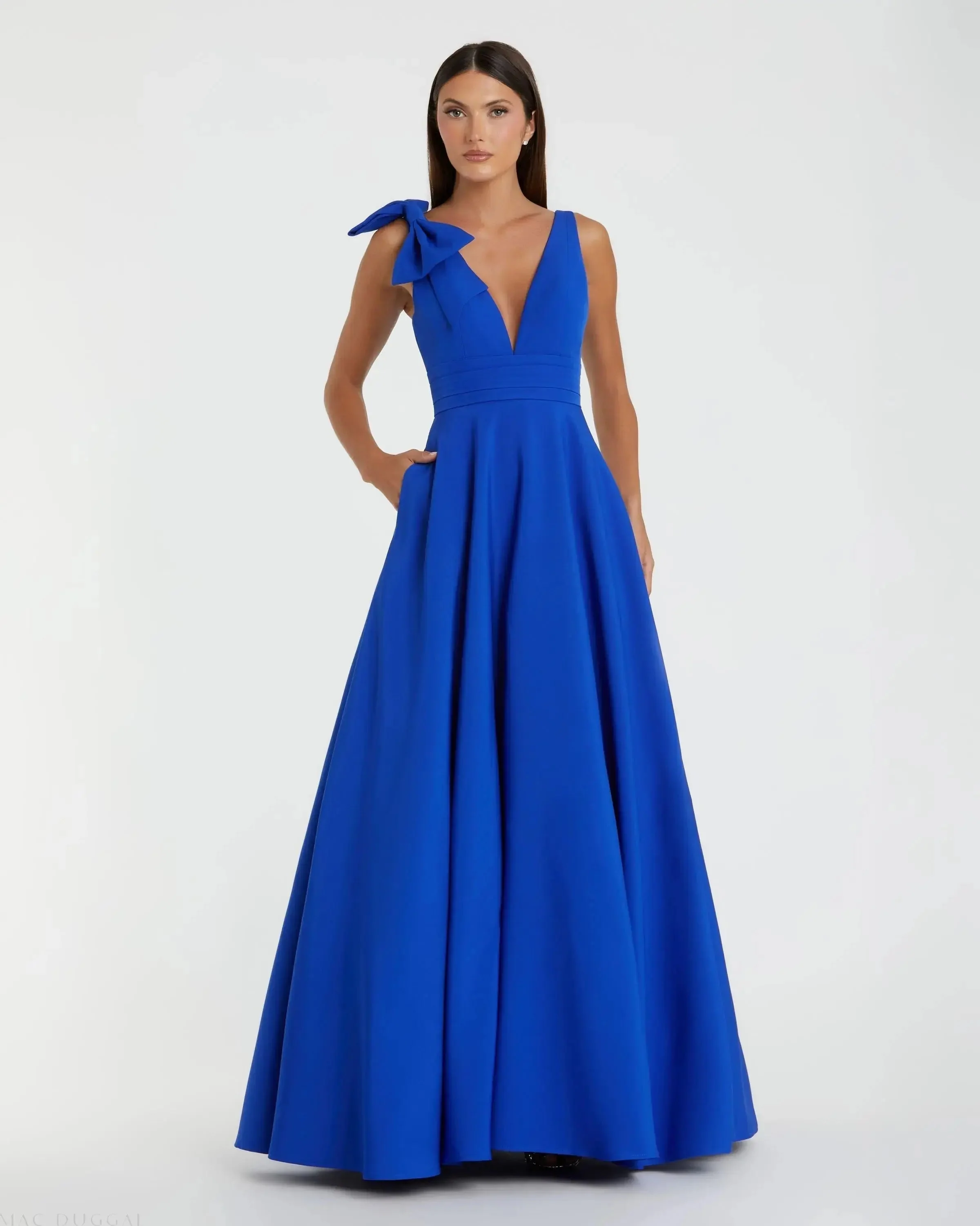 Blue Sleeveless Plunge Neck Crepe Ballgown With Bow Detail