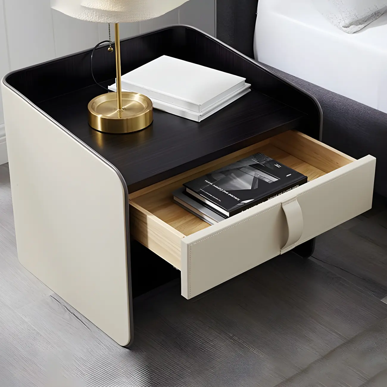 Modern 2-Tier Wood Leather Shelved Drawer Nightstand