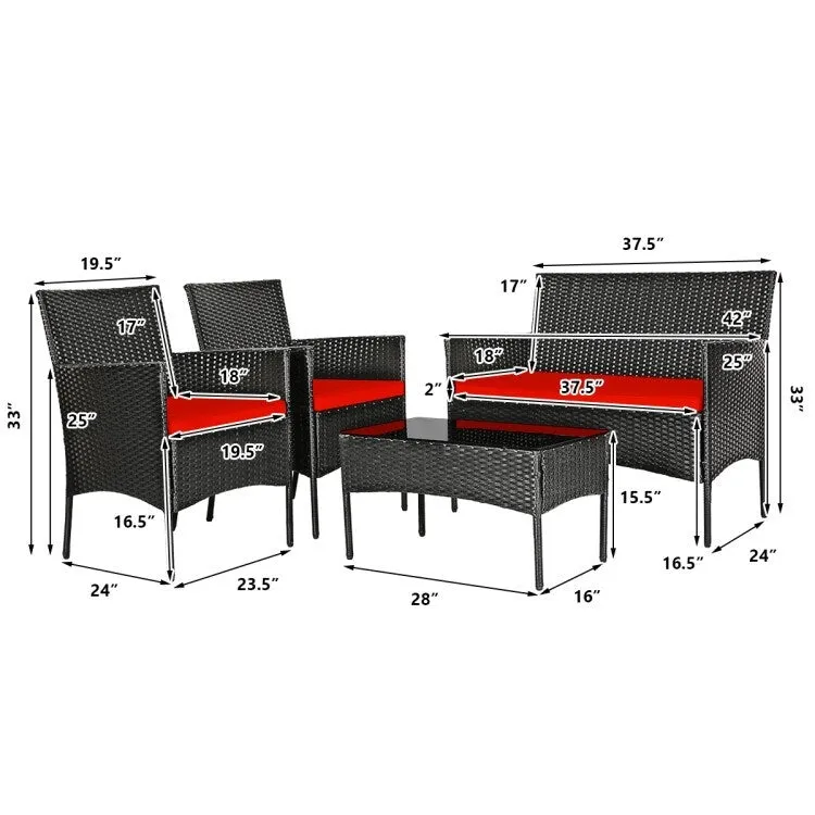 4 Pieces Patio Rattan Cushioned Sofa Set with Tempered Glass Coffee Table - 24 x 23.5 x 33 (L x W x H)