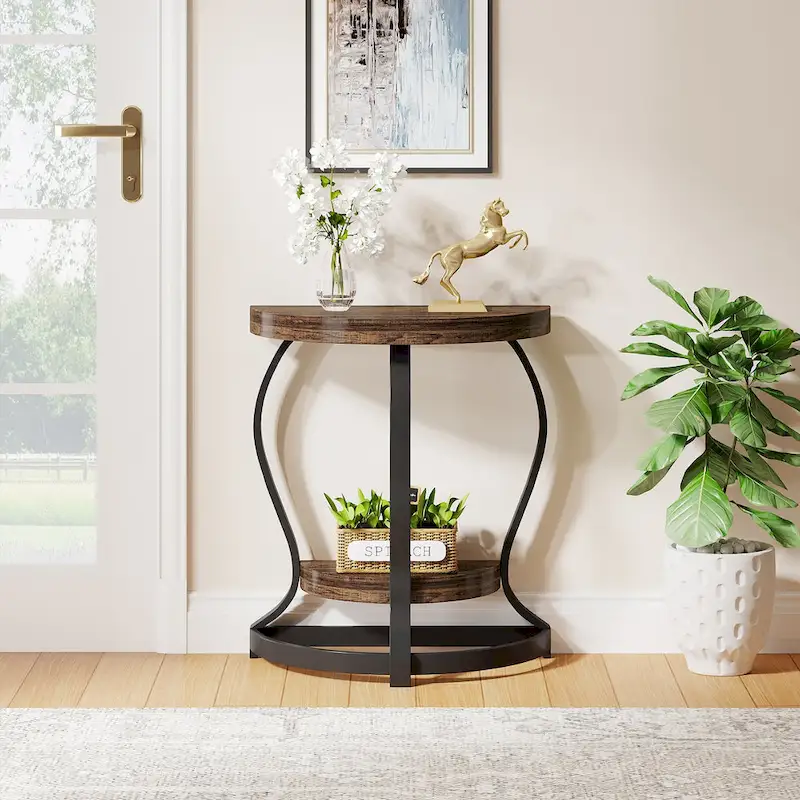 Half-Round End Table, 2-tier Wooden Half Moon Side Table Small Semi Circle Accent Table