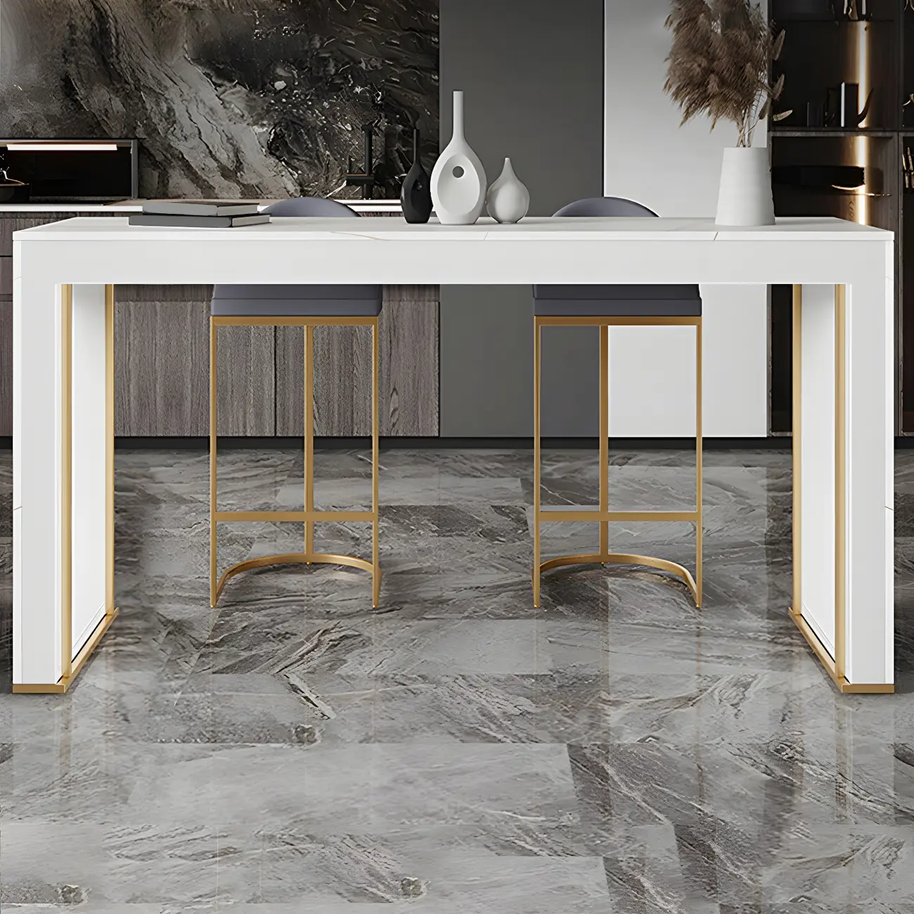 Modern White Stone Top Wood Dual-Pedestal Bar Tables