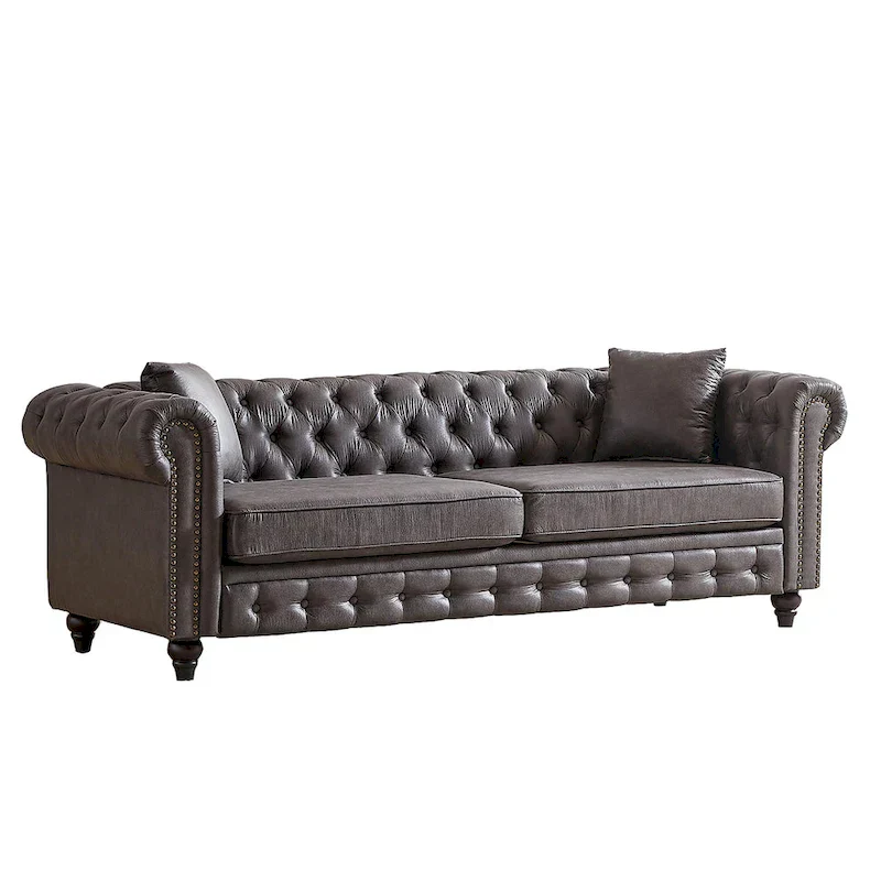 Gray Tufted Sofa with Rolled Arms - 3 Seater