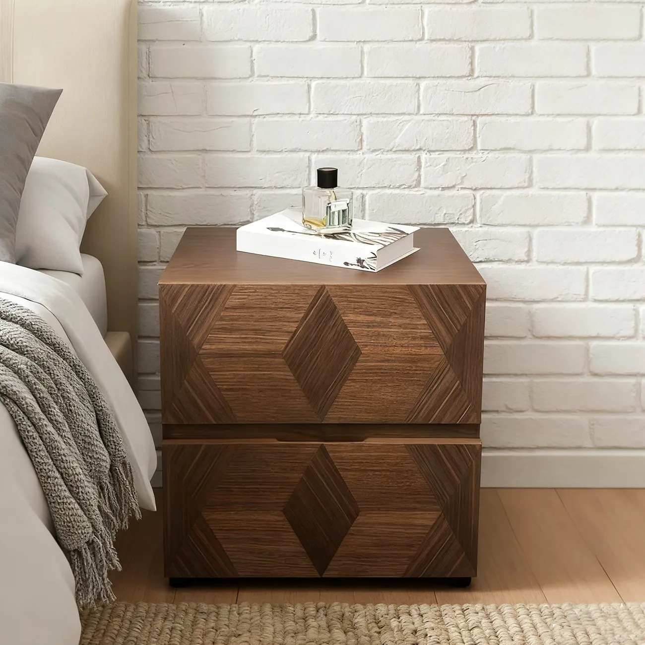 Elegant Nut Brown Narrow 2-drawer Wood Nightstand