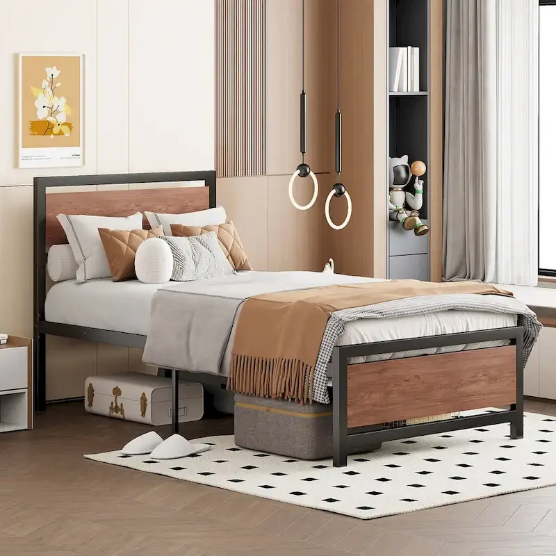 Roomfitters Twin Size Platform Bed, Metal and Wood Bed Frame with Headboard and Footboard