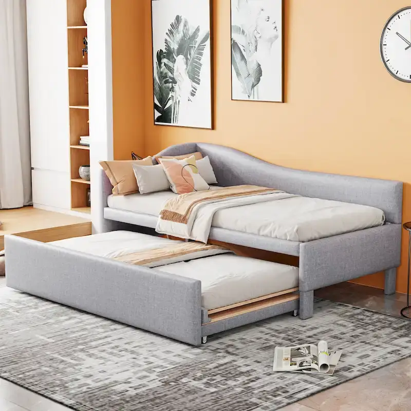 Twin Size L-Shaped Upholstered Daybed with Pop-Up Trundle – Pink