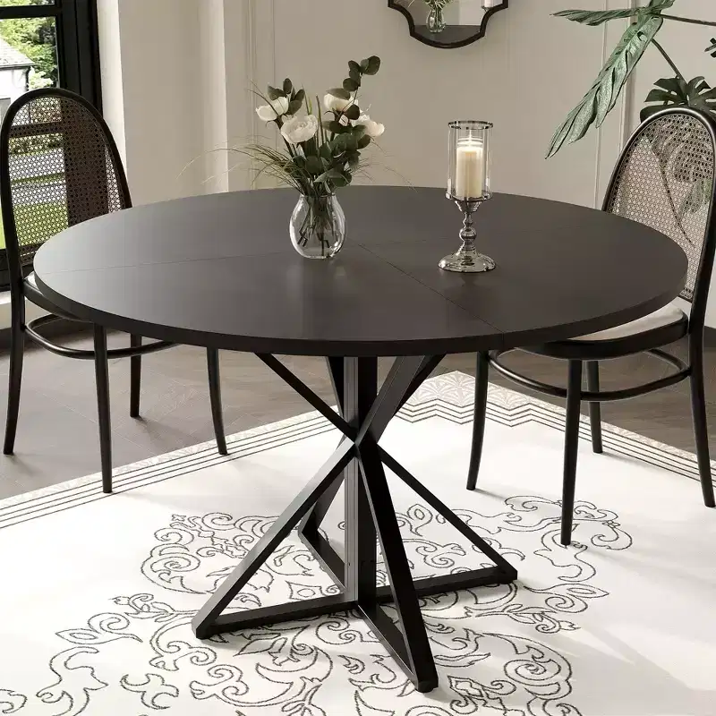 GustoWave 47 Inch Round Dining Table for 4-6, Farmhouse Kitchen Table with Wood Top & Metal Pedestal Base for Dining Room, Living Room