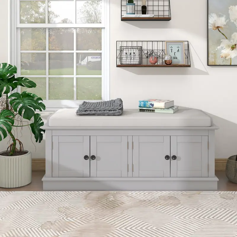 White / Antique Navy / Espresso / Gray Wash Storage Bench with Cushion, 4-Door Entryway Shoe Rack for 1