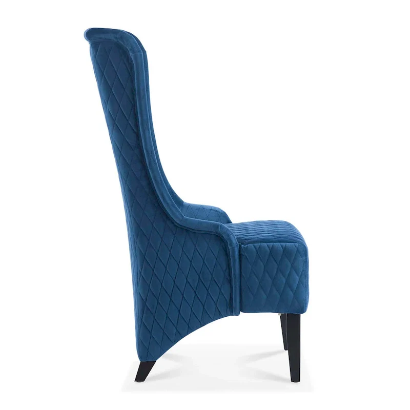 High-backed velvet wing-back chair with wooden legs