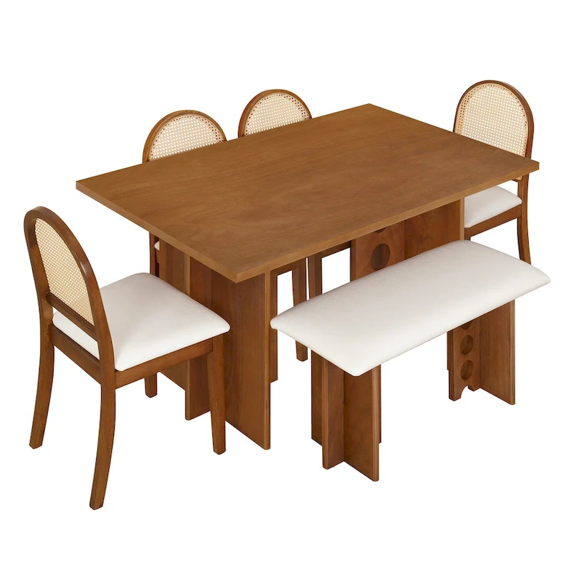 Modern Double Pedestal 6-Piece Dining Table Set with 4 Dining Chairs & 1 Bench
