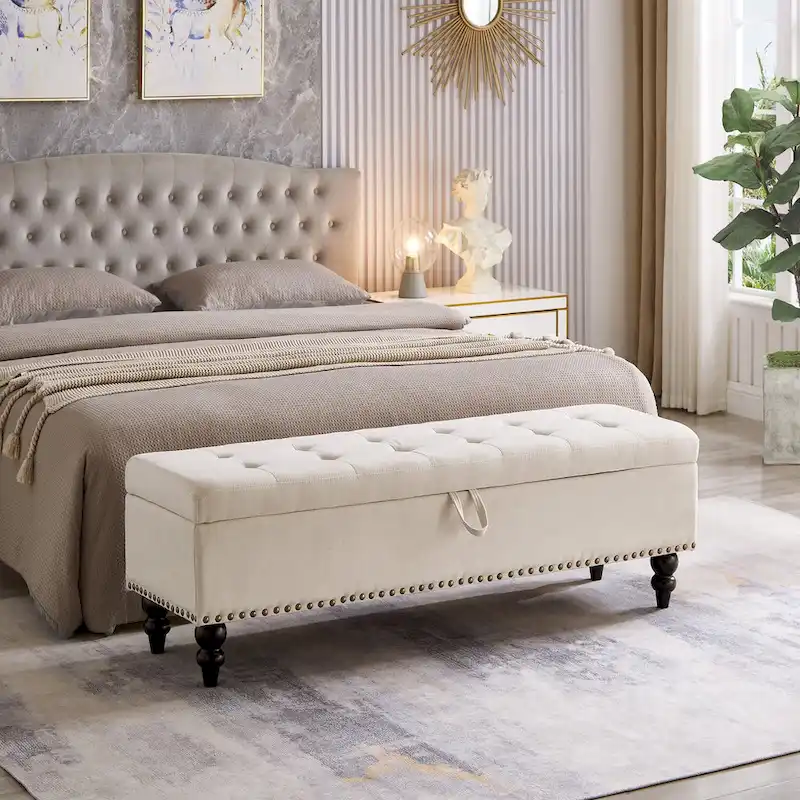 Storage Bench with Fabric Upholstery and Wood Legs