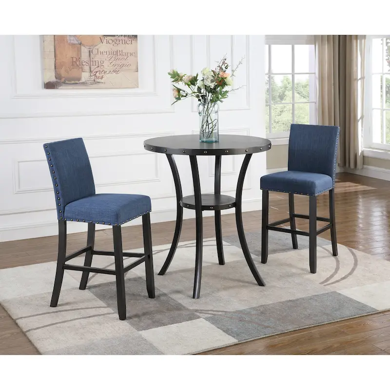 Modern Style Dining Table with Round Bar Table and 2 Nailhead Pub Chairs